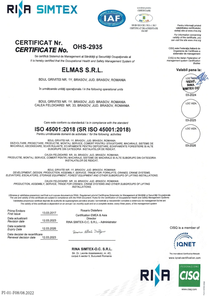 Certificare ISO 45001 Elmas